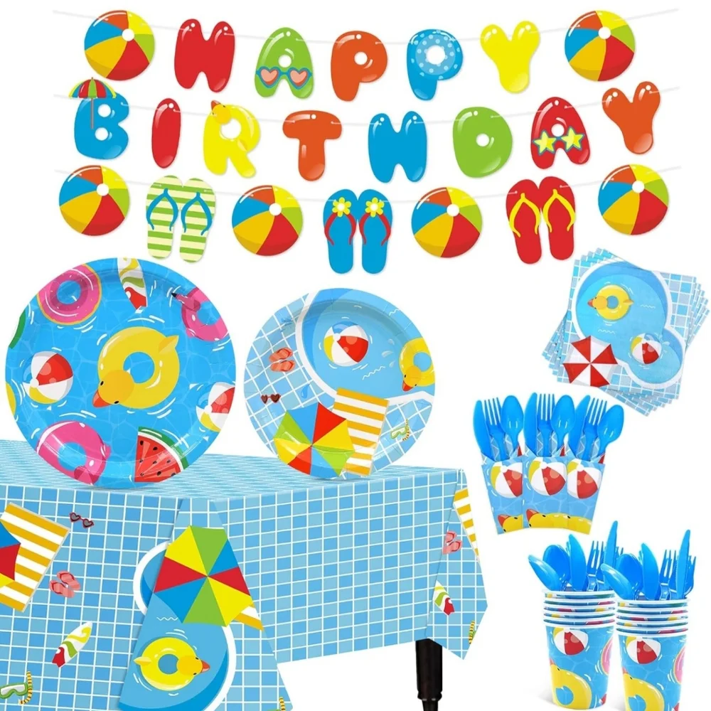 Pool Party Birthday Supplies Set 20 Guests Birthday Banner Table Cover Swim‎